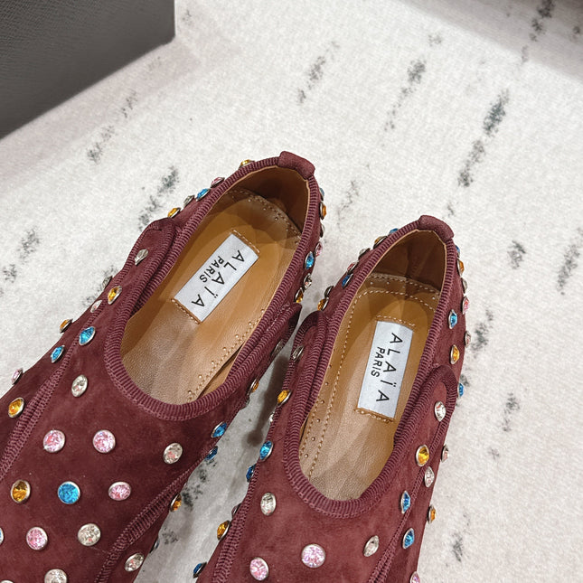ALAIA 26S EMBELLISHED FLATS IN BROWN SUEDE