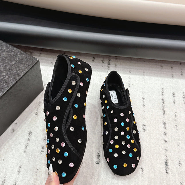 ALAIA 26S EMBELLISHED FLATS IN BLACK SUEDE