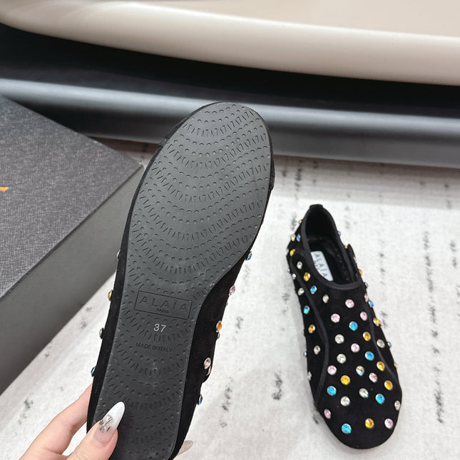 ALAIA 26S EMBELLISHED FLATS IN BLACK SUEDE
