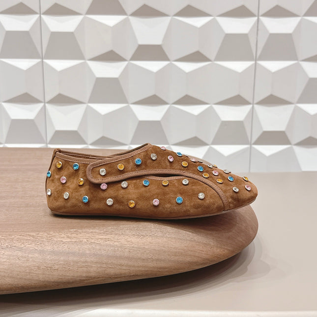 ALAIA 26S EMBELLISHED FLATS IN LIGHT BROWN SUEDE