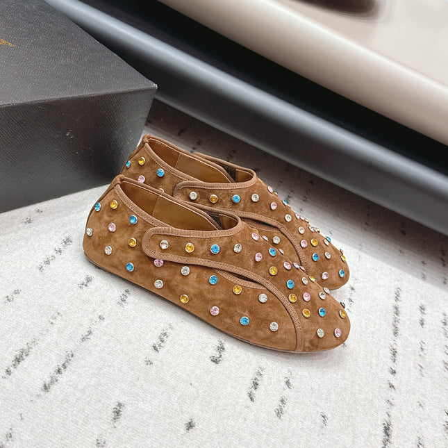 ALAIA 26S EMBELLISHED FLATS IN LIGHT BROWN SUEDE