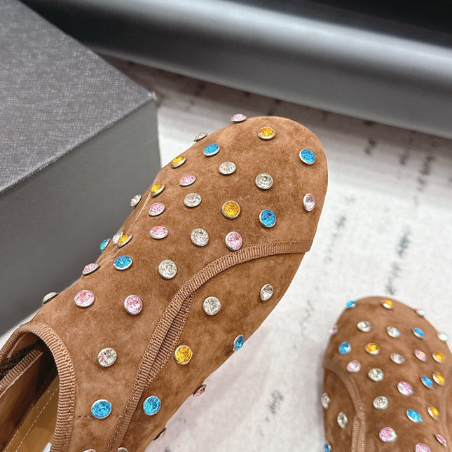ALAIA 26S EMBELLISHED FLATS IN LIGHT BROWN SUEDE
