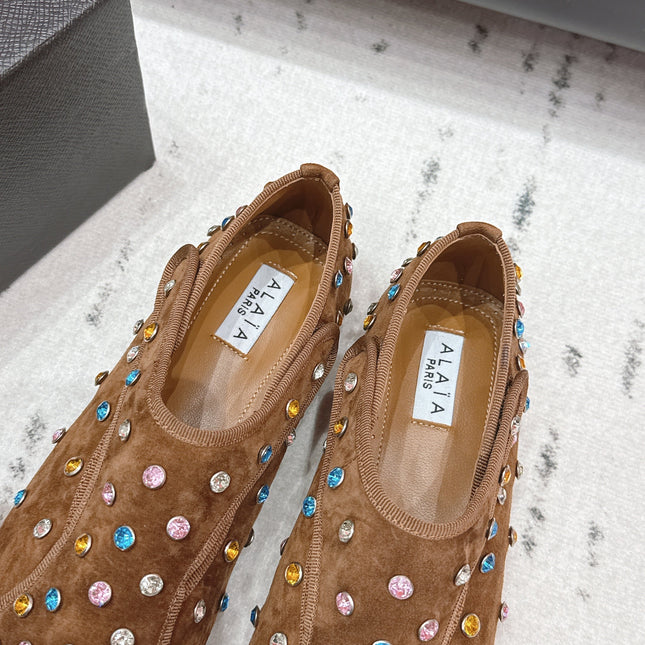 ALAIA 26S EMBELLISHED FLATS IN LIGHT BROWN SUEDE