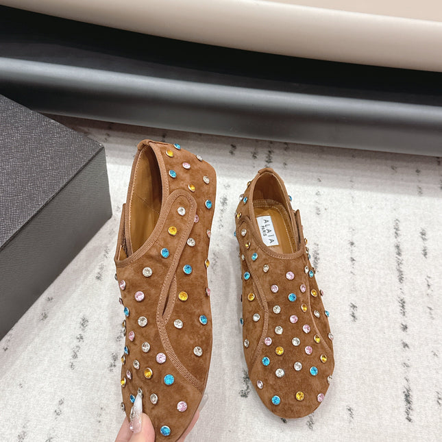ALAIA 26S EMBELLISHED FLATS IN LIGHT BROWN SUEDE