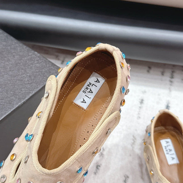 ALAIA 26S EMBELLISHED FLATS IN BEIGE SUEDE