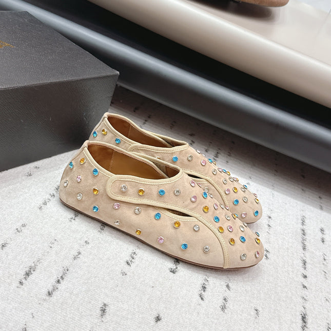 ALAIA 26S EMBELLISHED FLATS IN BEIGE SUEDE