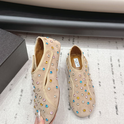 ALAIA 26S EMBELLISHED FLATS IN BEIGE SUEDE
