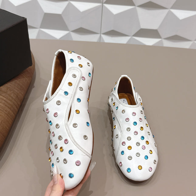 ALAIA 26S EMBELLISHED FLATS IN WHITE LAMBSKIN