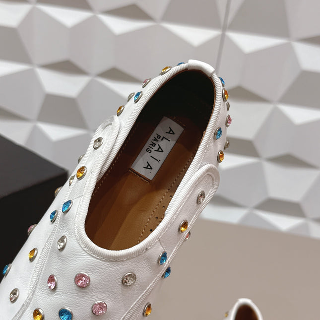 ALAIA 26S EMBELLISHED FLATS IN WHITE LAMBSKIN