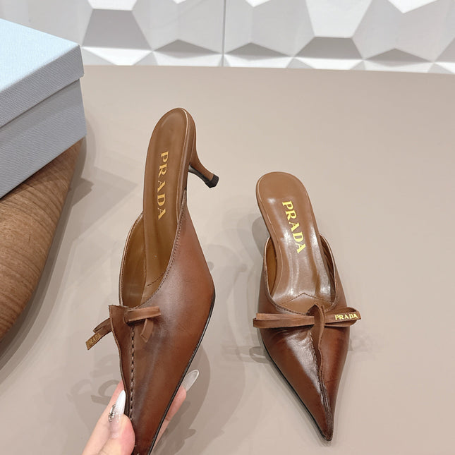PRADA 26S POINTED TOE LACE TRIM MULES 55MM IN BROWN CALFSKIN WITH BOW