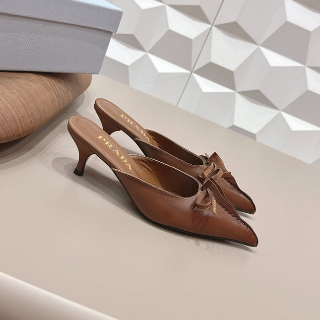 PRADA 26S POINTED TOE LACE TRIM MULES 55MM IN BROWN CALFSKIN WITH BOW