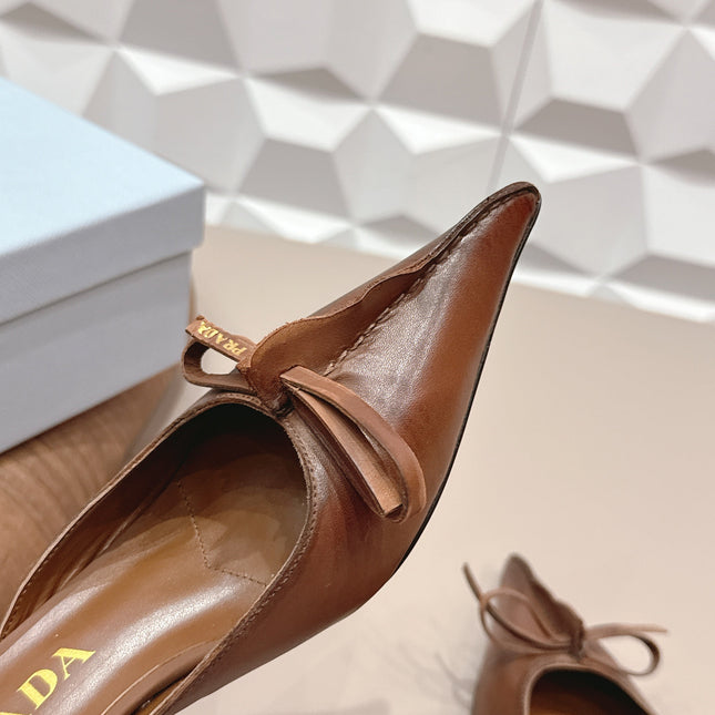 PRADA 26S POINTED TOE LACE TRIM MULES 55MM IN BROWN CALFSKIN WITH BOW