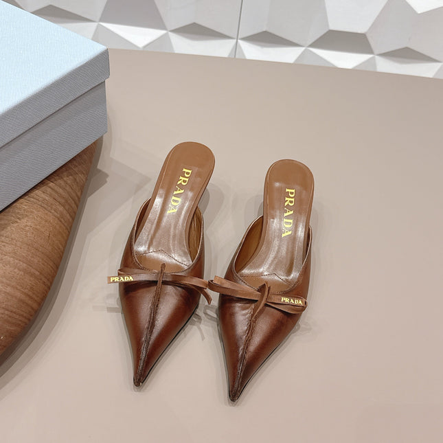 PRADA 26S POINTED TOE LACE TRIM MULES 55MM IN BROWN CALFSKIN WITH BOW