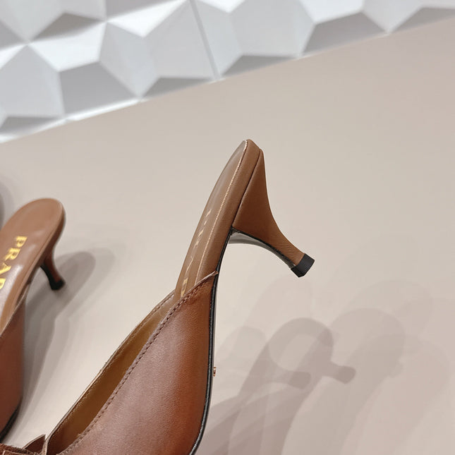 PRADA 26S POINTED TOE LACE TRIM MULES 55MM IN BROWN CALFSKIN WITH BOW