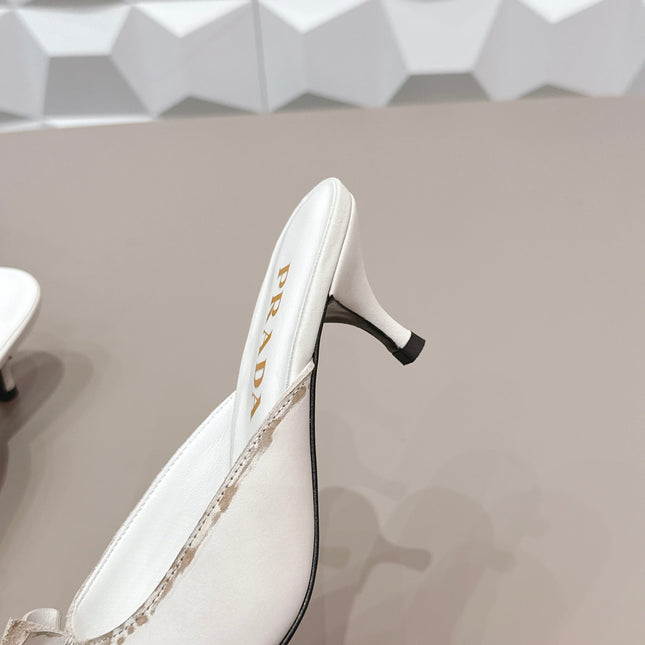 PRADA 26S POINTED TOE LACE TRIM MULES 55MM IN CREAM WHITE CALFSKIN WITH BOW