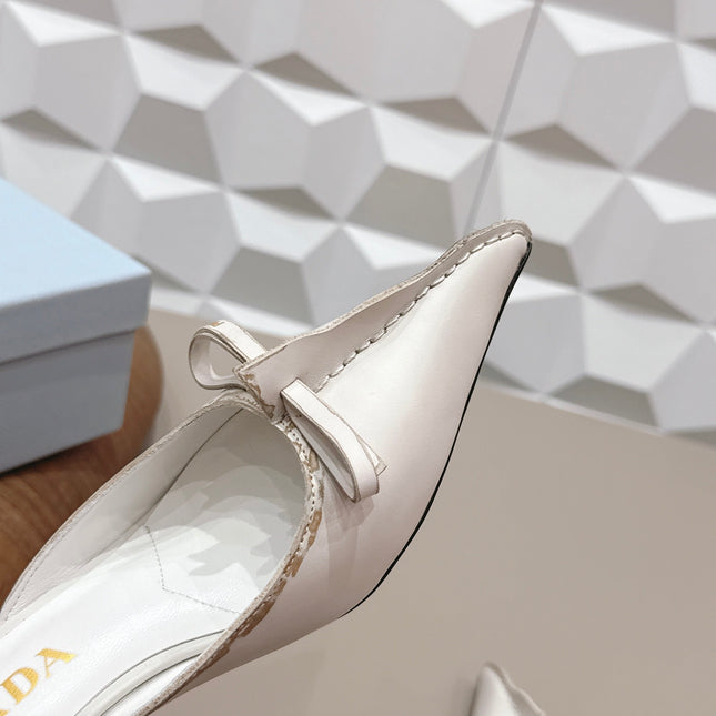 PRADA 26S POINTED TOE LACE TRIM MULES 55MM IN CREAM WHITE CALFSKIN WITH BOW