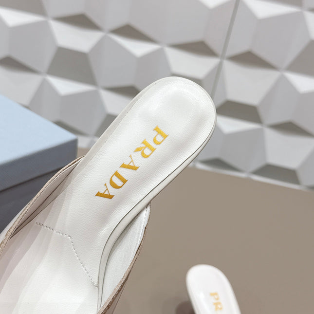 PRADA 26S POINTED TOE LACE TRIM MULES 55MM IN CREAM WHITE CALFSKIN WITH BOW