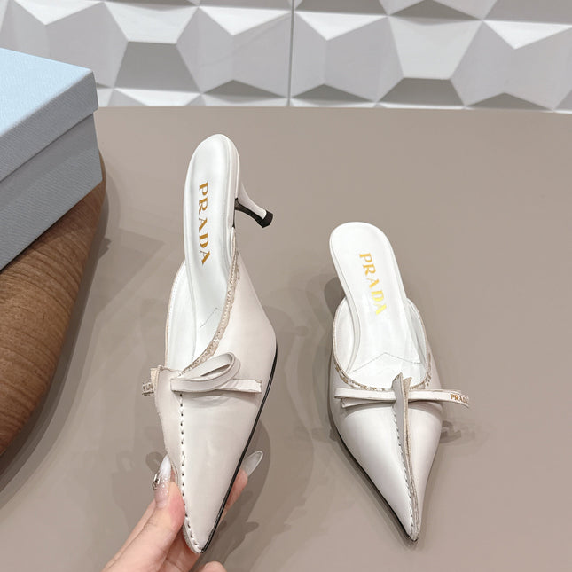PRADA 26S POINTED TOE LACE TRIM MULES 55MM IN CREAM WHITE CALFSKIN WITH BOW