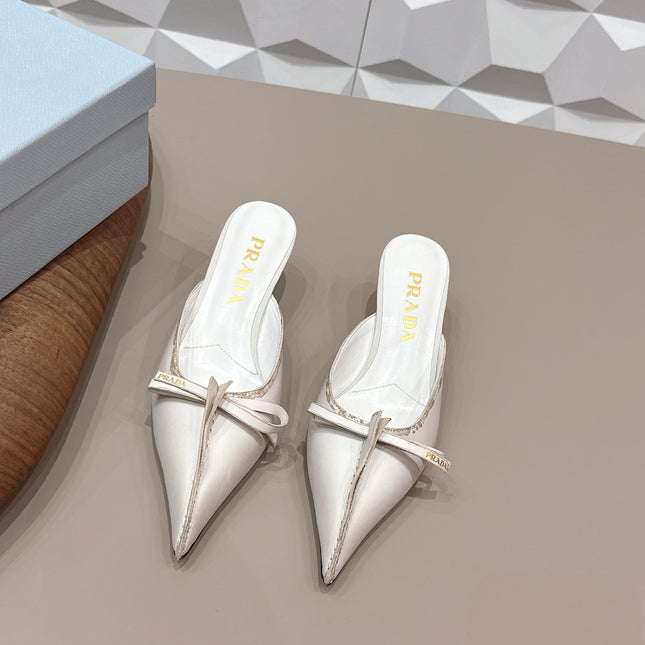 PRADA 26S POINTED TOE LACE TRIM MULES 55MM IN CREAM WHITE CALFSKIN WITH BOW