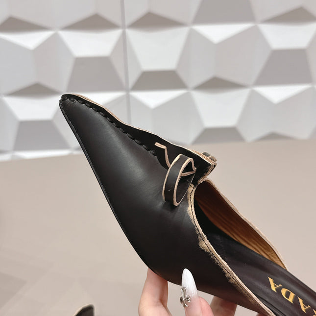 PRADA 26S POINTED TOE LACE TRIM MULES 55MM IN BLACK CALFSKIN WITH BOW