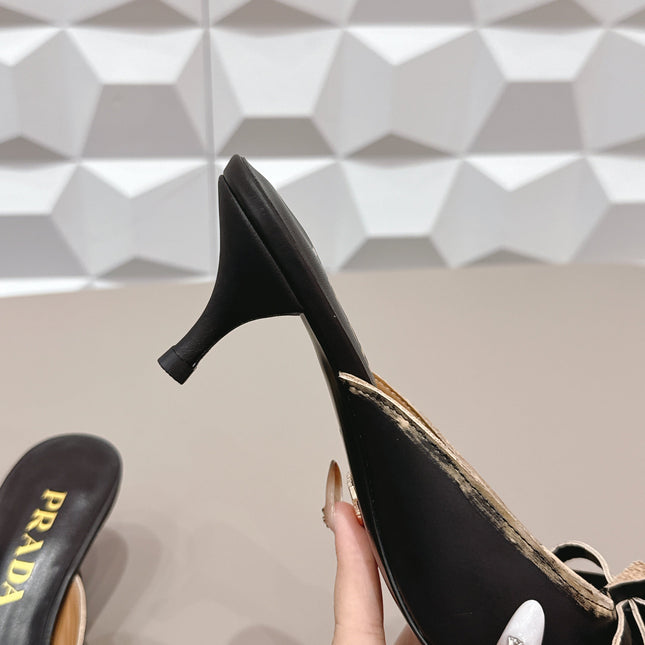 PRADA 26S POINTED TOE LACE TRIM MULES 55MM IN BLACK CALFSKIN WITH BOW