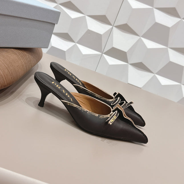 PRADA 26S POINTED TOE LACE TRIM MULES 55MM IN BLACK CALFSKIN WITH BOW