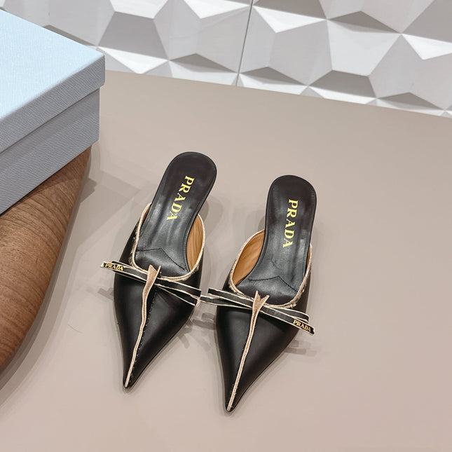PRADA 26S POINTED TOE LACE TRIM MULES 55MM IN BLACK CALFSKIN WITH BOW
