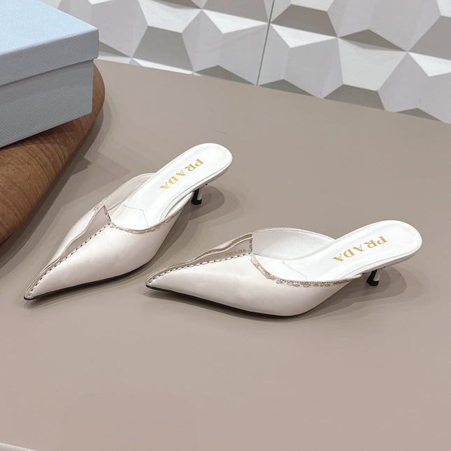 PRADA 26S POINTED TOE LACE TRIM MULES 55MM IN CREAM WHITE CALFSKIN