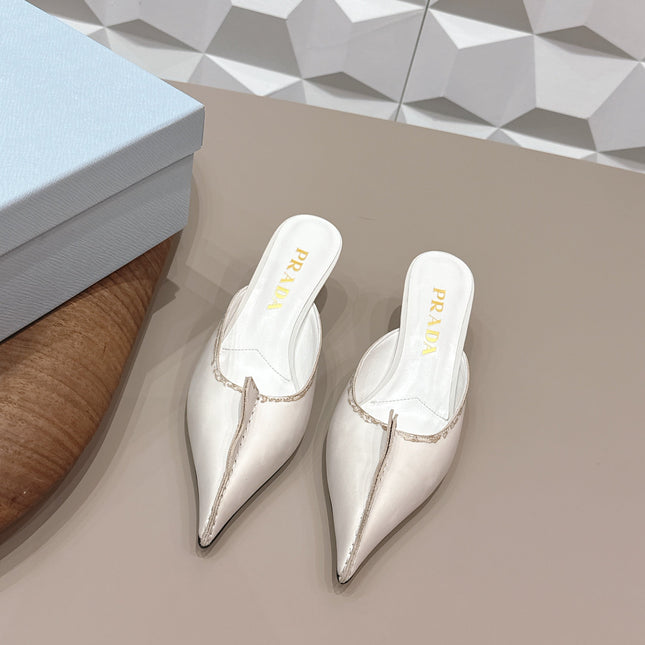 PRADA 26S POINTED TOE LACE TRIM MULES 55MM IN CREAM WHITE CALFSKIN