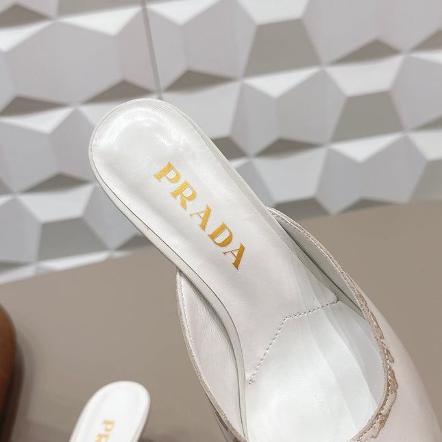 PRADA 26S POINTED TOE LACE TRIM MULES 55MM IN CREAM WHITE CALFSKIN