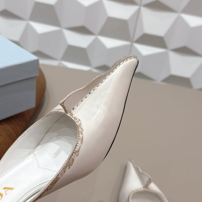 PRADA 26S POINTED TOE LACE TRIM MULES 55MM IN CREAM WHITE CALFSKIN