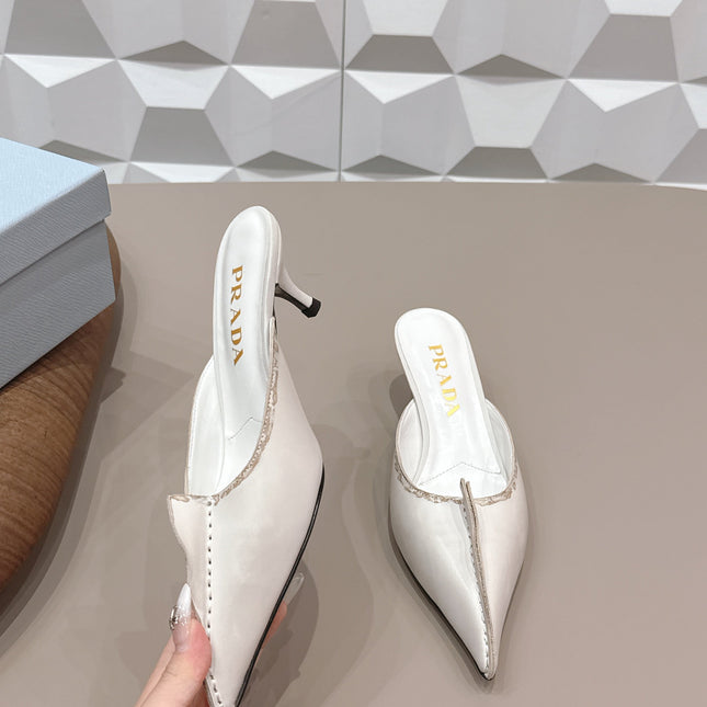 PRADA 26S POINTED TOE LACE TRIM MULES 55MM IN CREAM WHITE CALFSKIN