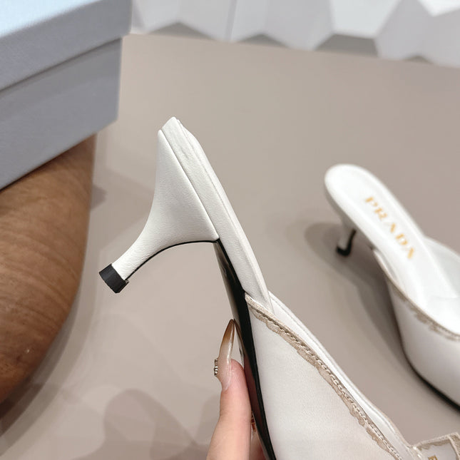 PRADA 26S POINTED TOE LACE TRIM MULES 55MM IN CREAM WHITE CALFSKIN