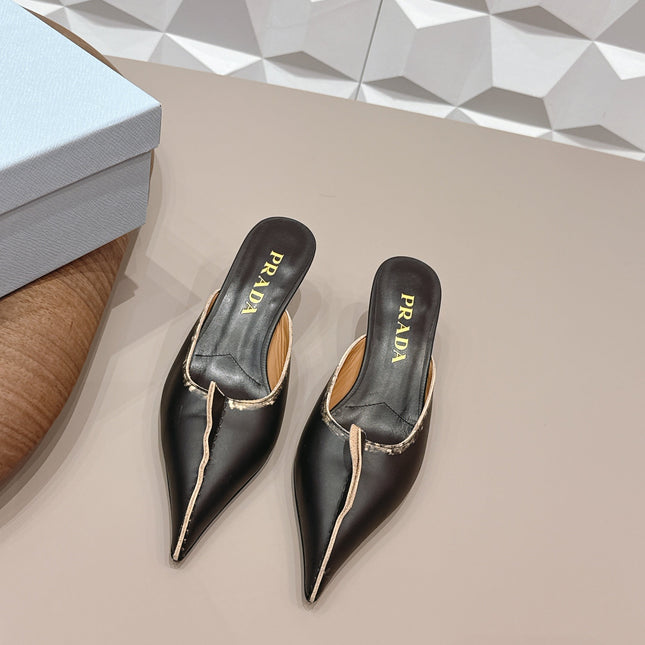 PRADA 26S POINTED TOE LACE TRIM MULES 55MM IN BLACK CALFSKIN
