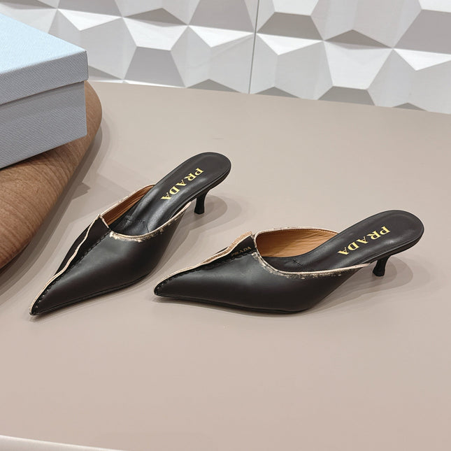 PRADA 26S POINTED TOE LACE TRIM MULES 55MM IN BLACK CALFSKIN