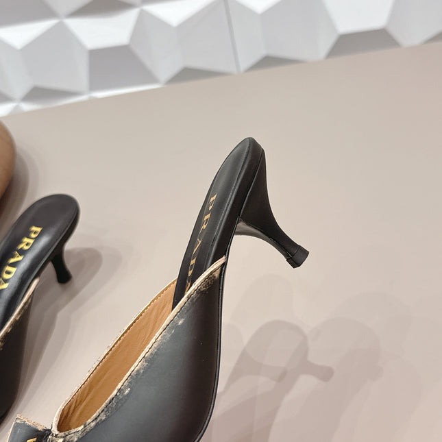 PRADA 26S POINTED TOE LACE TRIM MULES 55MM IN BLACK CALFSKIN
