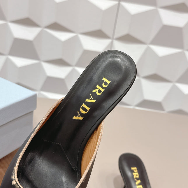 PRADA 26S POINTED TOE LACE TRIM MULES 55MM IN BLACK CALFSKIN