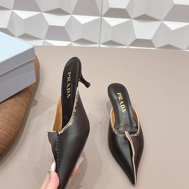 PRADA 26S POINTED TOE LACE TRIM MULES 55MM IN BLACK CALFSKIN