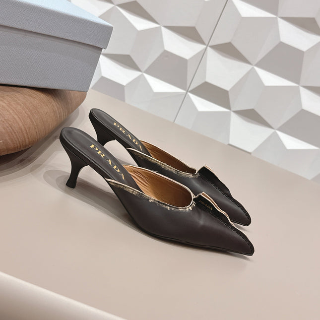 PRADA 26S POINTED TOE LACE TRIM MULES 55MM IN BLACK CALFSKIN