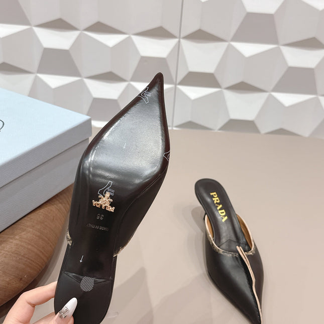 PRADA 26S POINTED TOE LACE TRIM MULES 55MM IN BLACK CALFSKIN