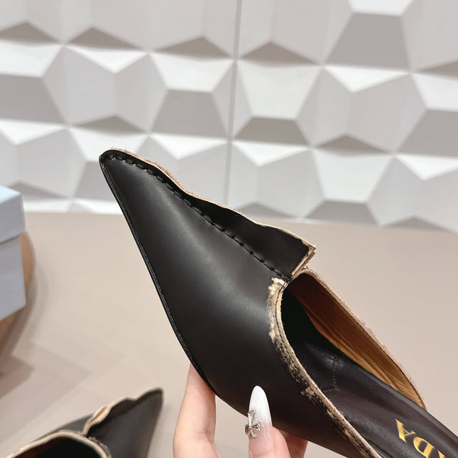 PRADA 26S POINTED TOE LACE TRIM MULES 55MM IN BLACK CALFSKIN