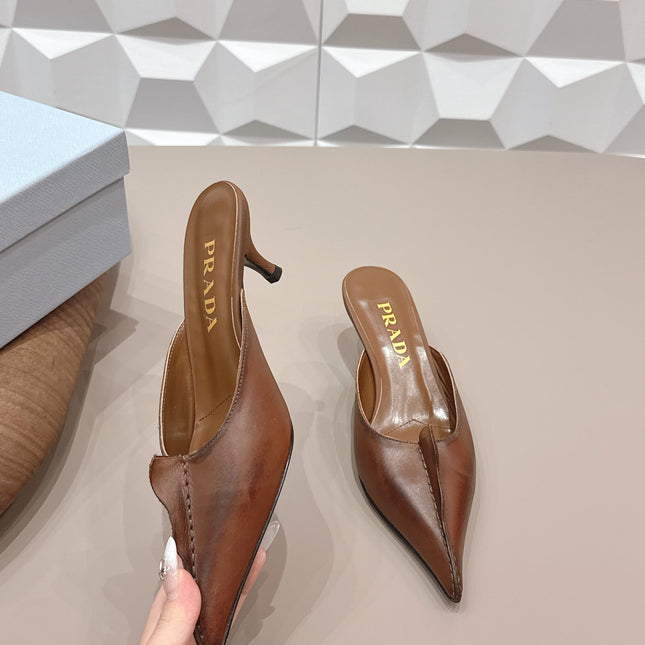 PRADA 26S POINTED TOE LACE TRIM MULES 55MM IN CARAMEL BROWN CALFSKIN