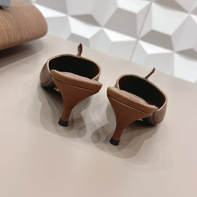 PRADA 26S POINTED TOE LACE TRIM MULES 55MM IN CARAMEL BROWN CALFSKIN