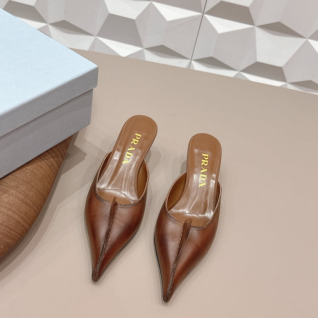 PRADA 26S POINTED TOE LACE TRIM MULES 55MM IN CARAMEL BROWN CALFSKIN