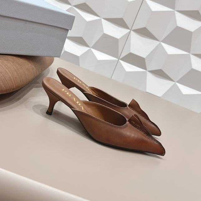 PRADA 26S POINTED TOE LACE TRIM MULES 55MM IN CARAMEL BROWN CALFSKIN