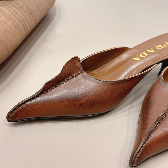PRADA 26S POINTED TOE LACE TRIM MULES 55MM IN CARAMEL BROWN CALFSKIN