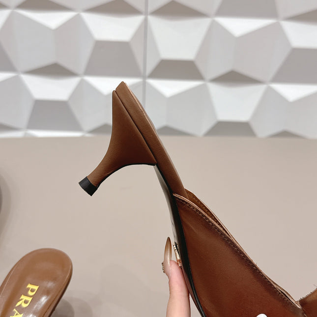 PRADA 26S POINTED TOE LACE TRIM MULES 55MM IN CARAMEL BROWN CALFSKIN
