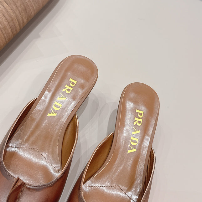 PRADA 26S POINTED TOE LACE TRIM MULES 55MM IN CARAMEL BROWN CALFSKIN