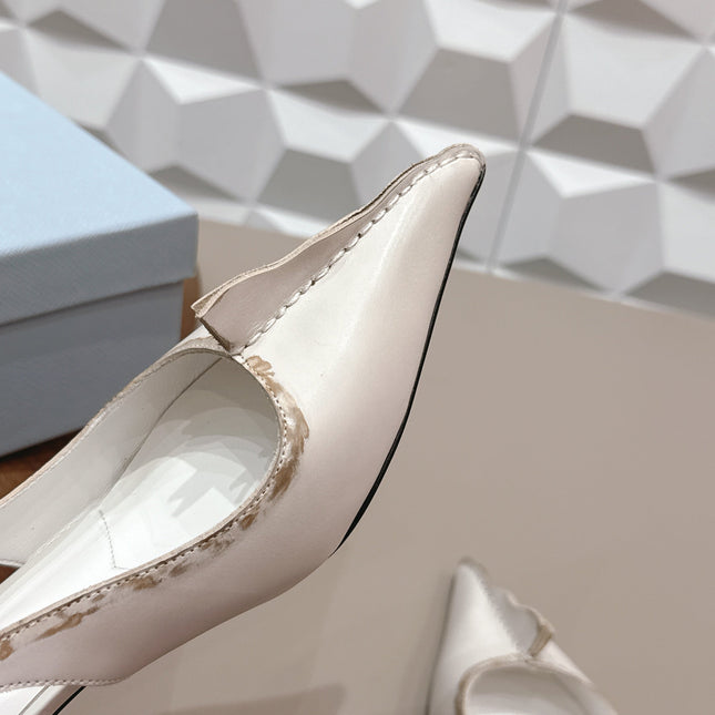 PRADA 26S POINTED TOE SLINGBACK HIGH HEELS 55MM IN CREAM WHITE CALFSKIN