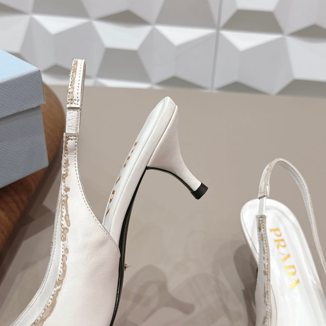 PRADA 26S POINTED TOE SLINGBACK HIGH HEELS 55MM IN CREAM WHITE CALFSKIN